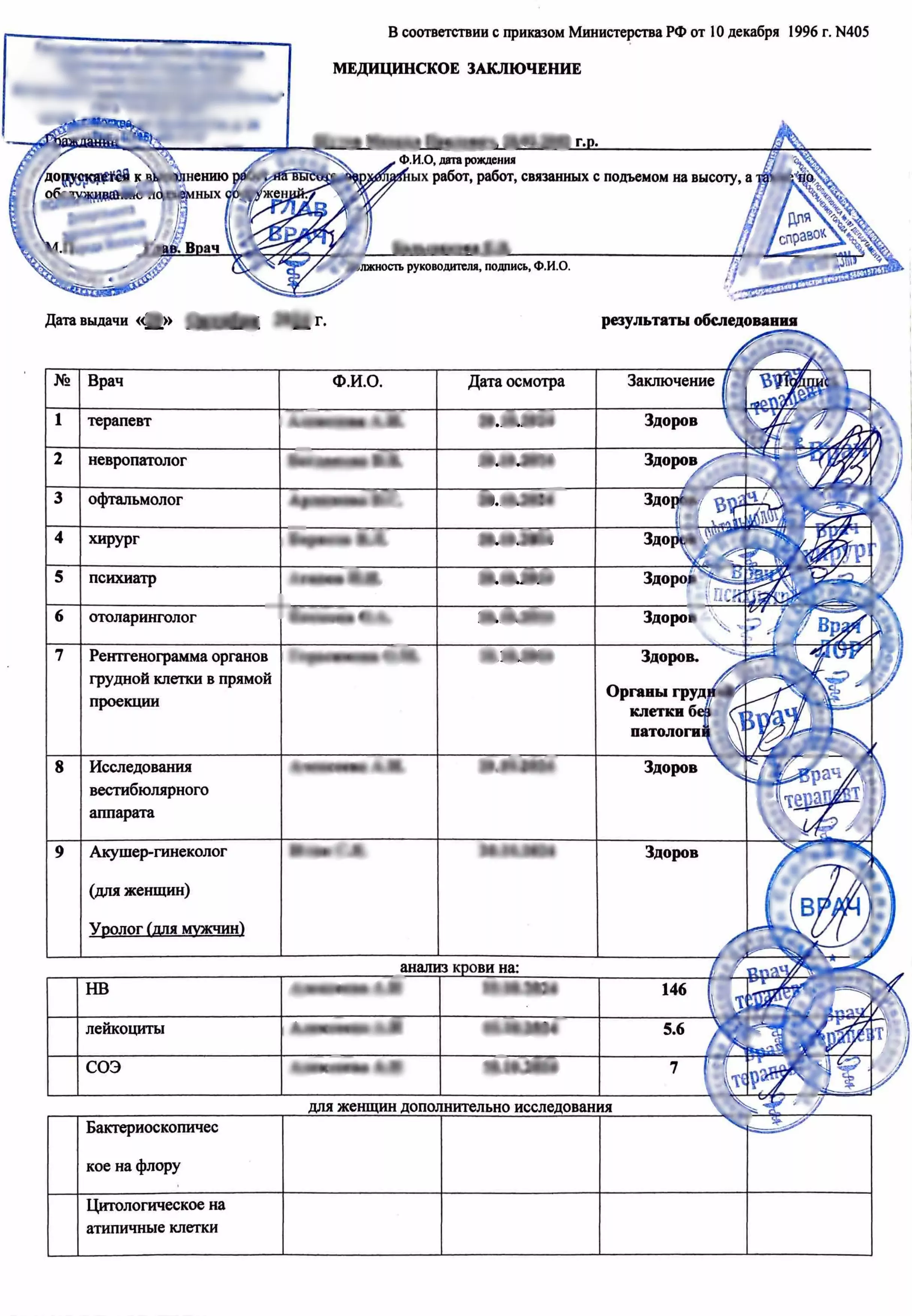 Купить медицинскую справку 405 для работы на высоте в Москве.